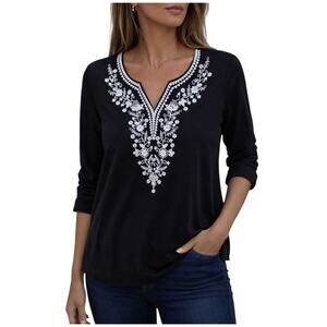 Talbots Size M Navy Blue with white embroidery knit top 3/4 sleeves